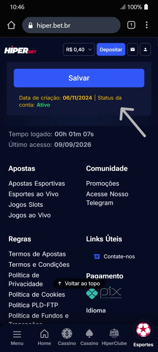 Fim da página de dados, com o botão "Salvar" e uma seta apontando para ele.