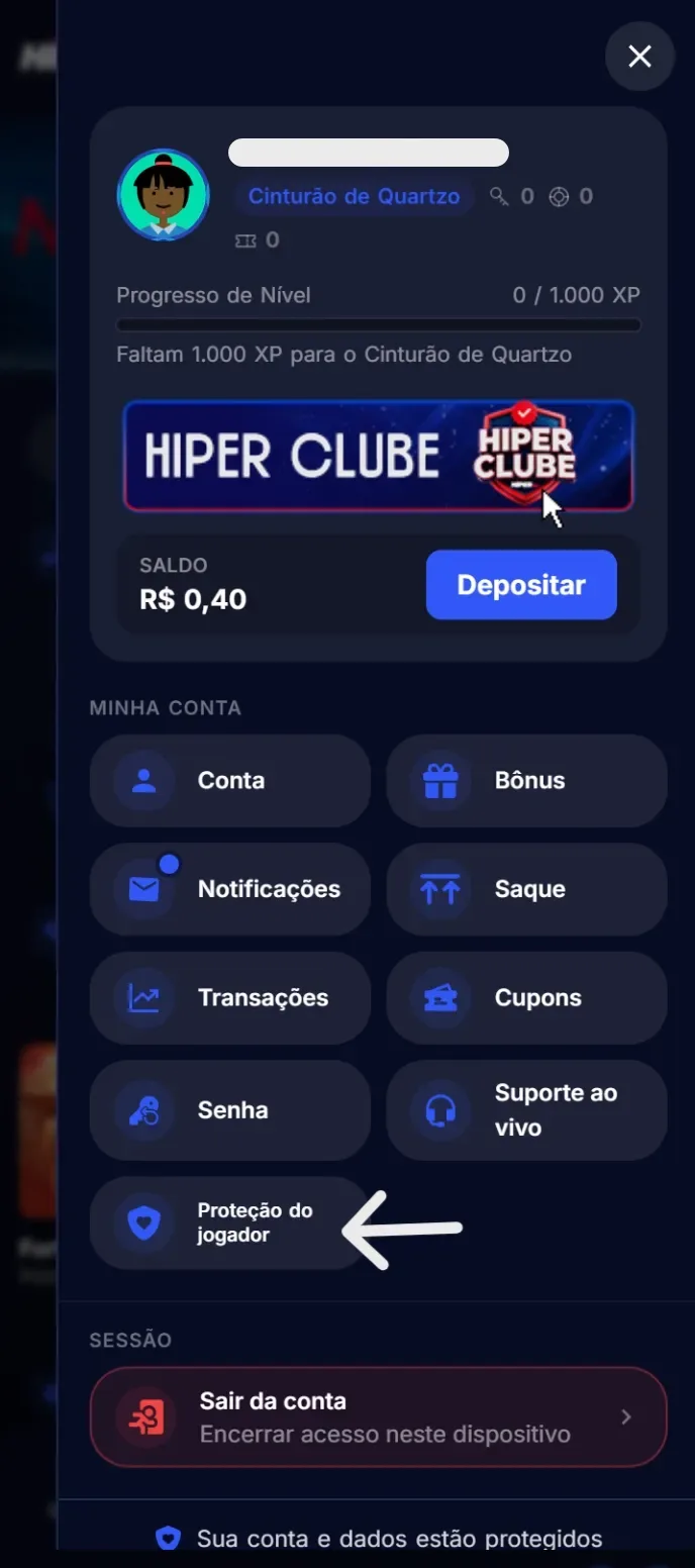 Painel de perfil aberto, com o menu "Minha conta" e uma seta apontando para o item "Proteção do jogador".