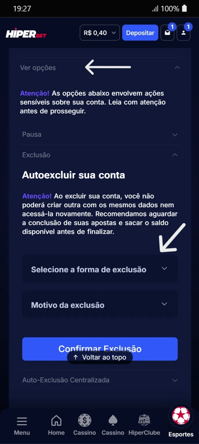 Campo "Selecione a forma de exclusão" com "Exclusão temporária" selecionada.