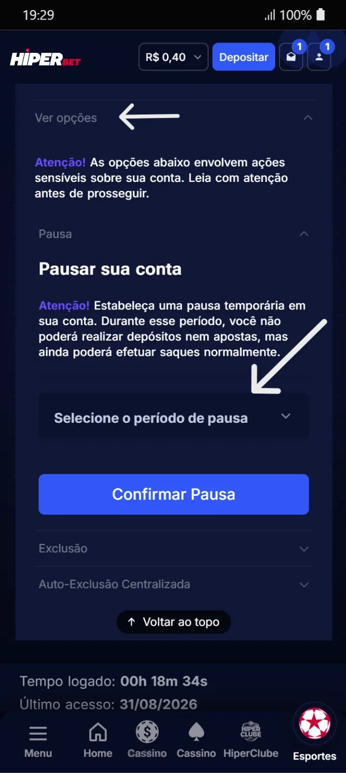 Tela com seção "Pausar sua conta", dropdown "Selecione o período de pausa" e botão "Confirmar Pausa".