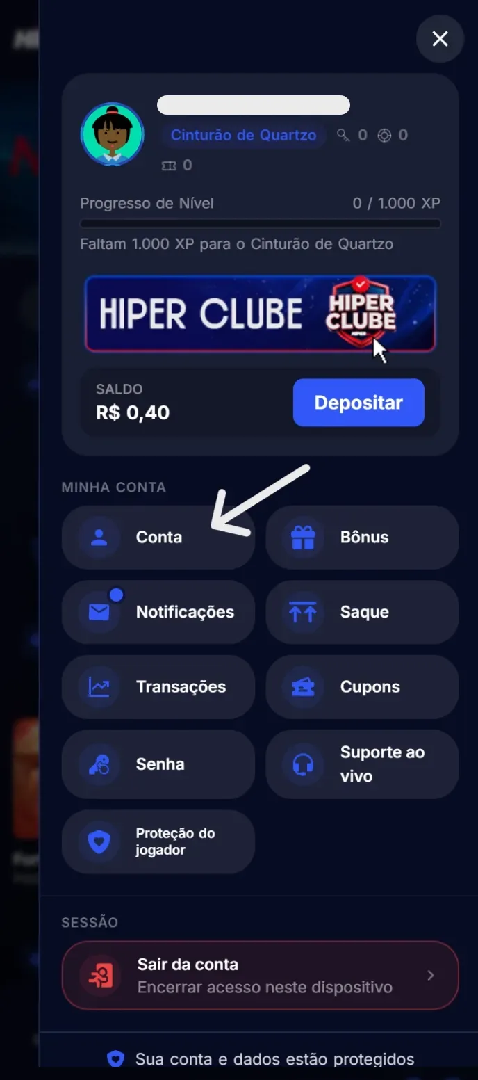 Painel de perfil aberto, com o menu "Minha conta" e uma seta apontando para o item "Conta".