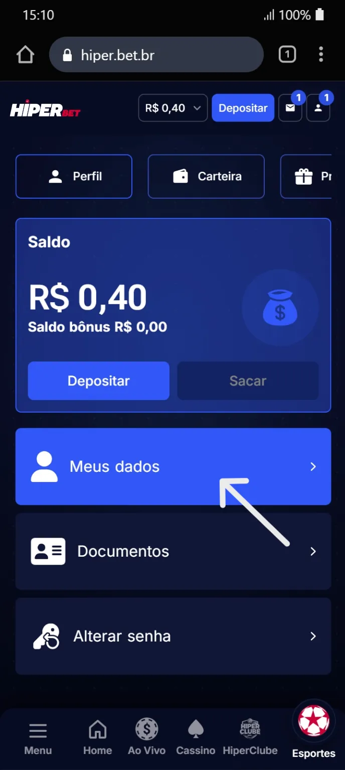 Página da Conta mostrando o botão "Meus dados" com ícone de perfil, destacado com seta.