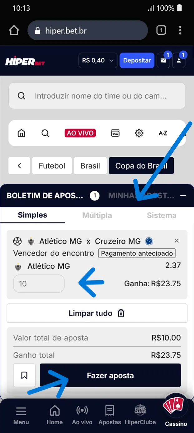 Boletim de aposta mostrando seleção, valor informado e botão "Fazer aposta".