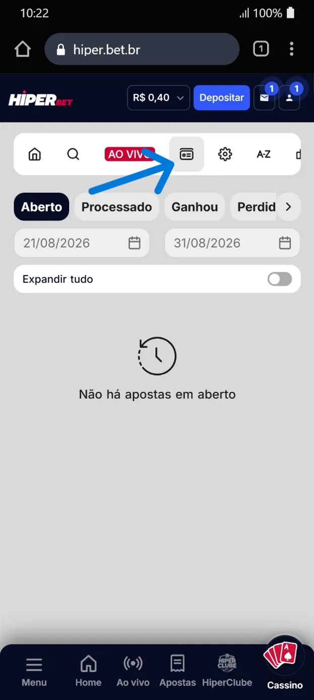 Seção de histórico de apostas com filtros de status e datas para consultá-las.