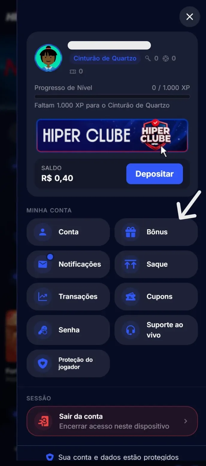 Painel de perfil aberto, com o menu "Minha conta" e uma seta apontando para o item "Bônus".