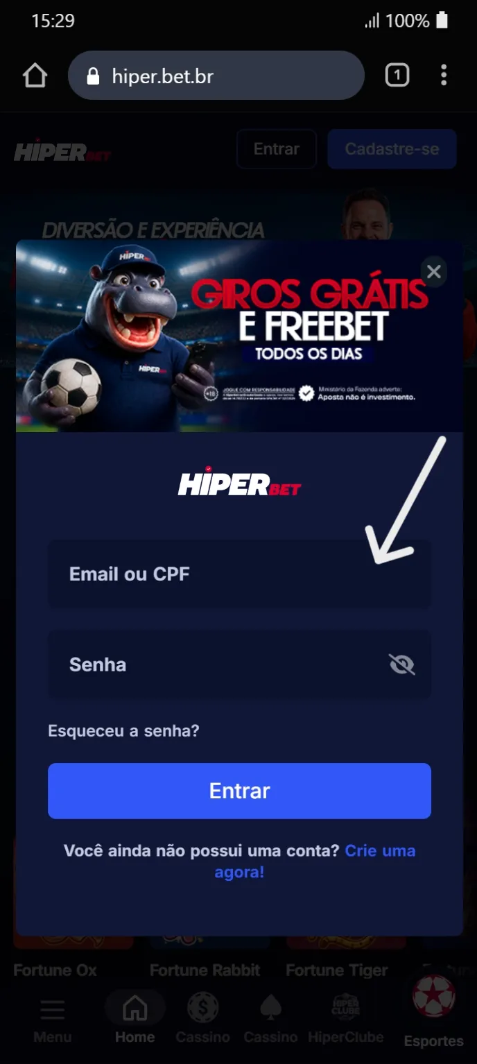 Campos "Email ou CPF" e "Senha" com botão "Entrar" abaixo no formulário de login.