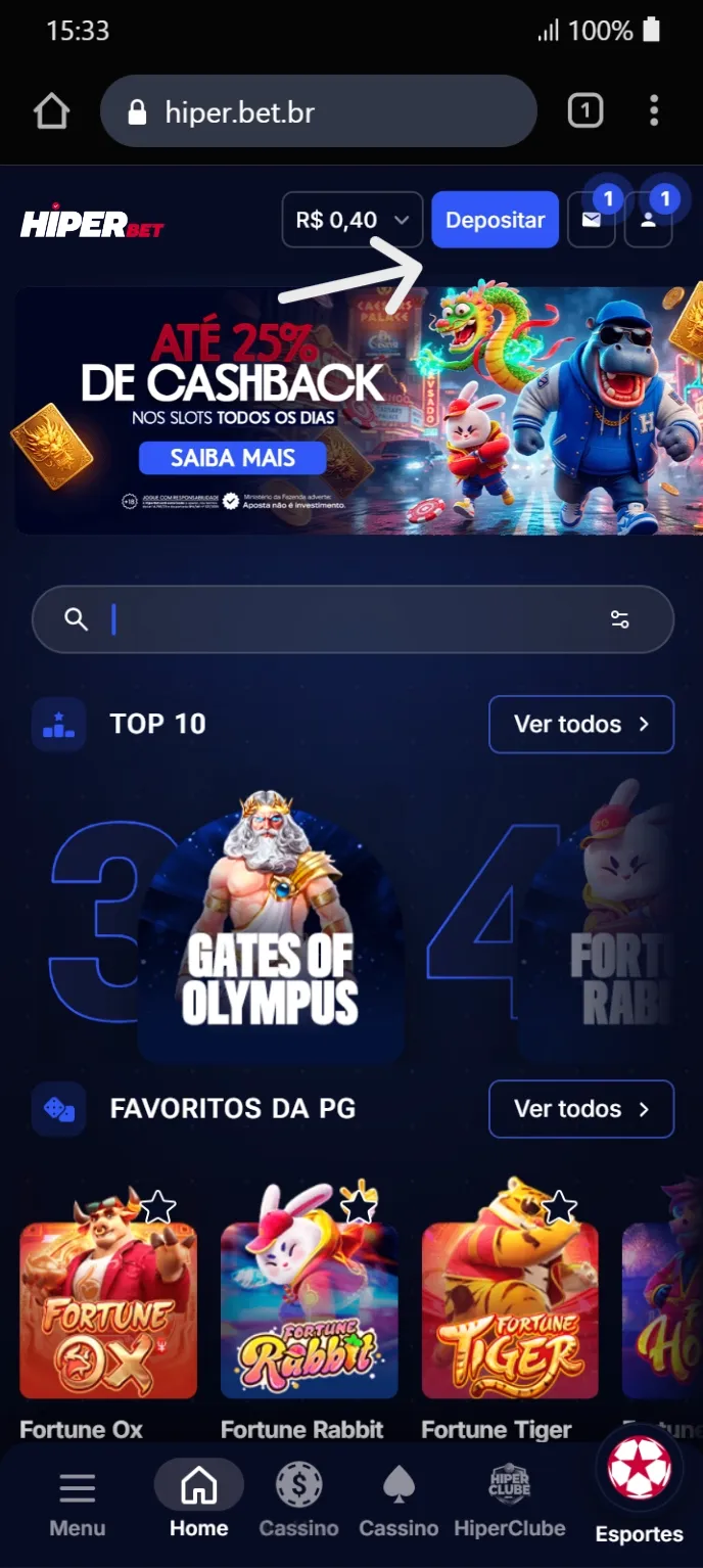 Campo de saldo e botão azul "Depositar" no canto superior direito do menu.