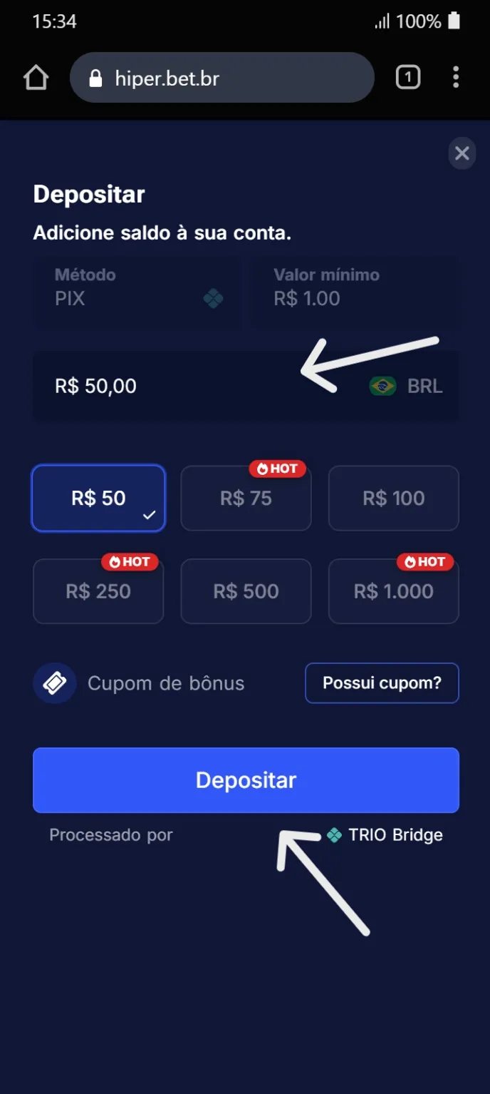 Modal "Depositar" com campo de valor em reais, método PIX e botões com valores pré-definidos entre R$ 50 e R$ 1.000.