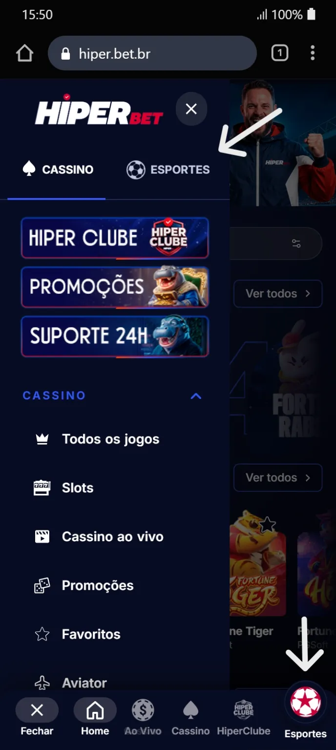 Menu com abas de "Cassino" e "Esportes", sendo esta última indicada por uma seta branca.