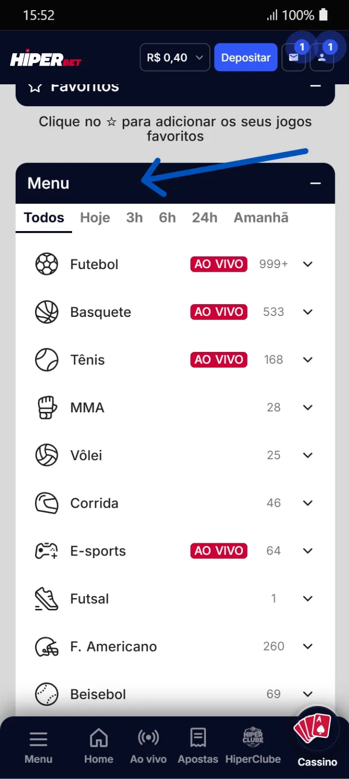 Menu expandido com lista de modalidades esportivas: Futebol, Basquete, Tênis, MMA, Vôlei.