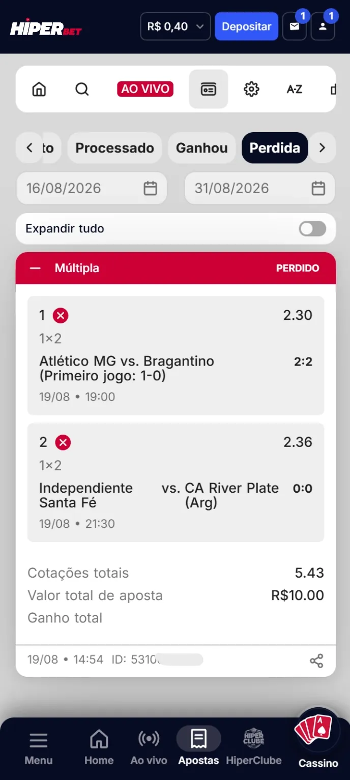 Boletim de múltipla mostrando duas seleções com odds 2.30 e 2.36, cotação total 5.43, resultado marcado como perdido.