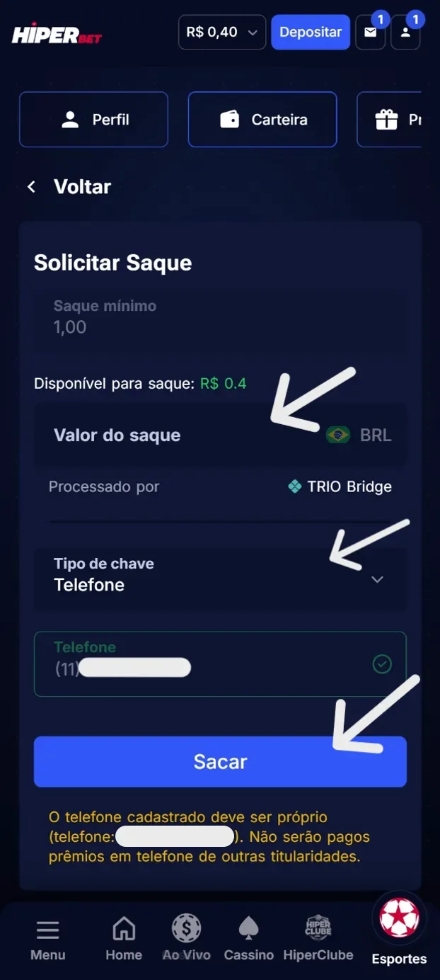 Tela "Solicitar Saque" com o valor disponível, o campo de valor, o tipo de chave Pix, a chave preenchida e o botão "Sacar".