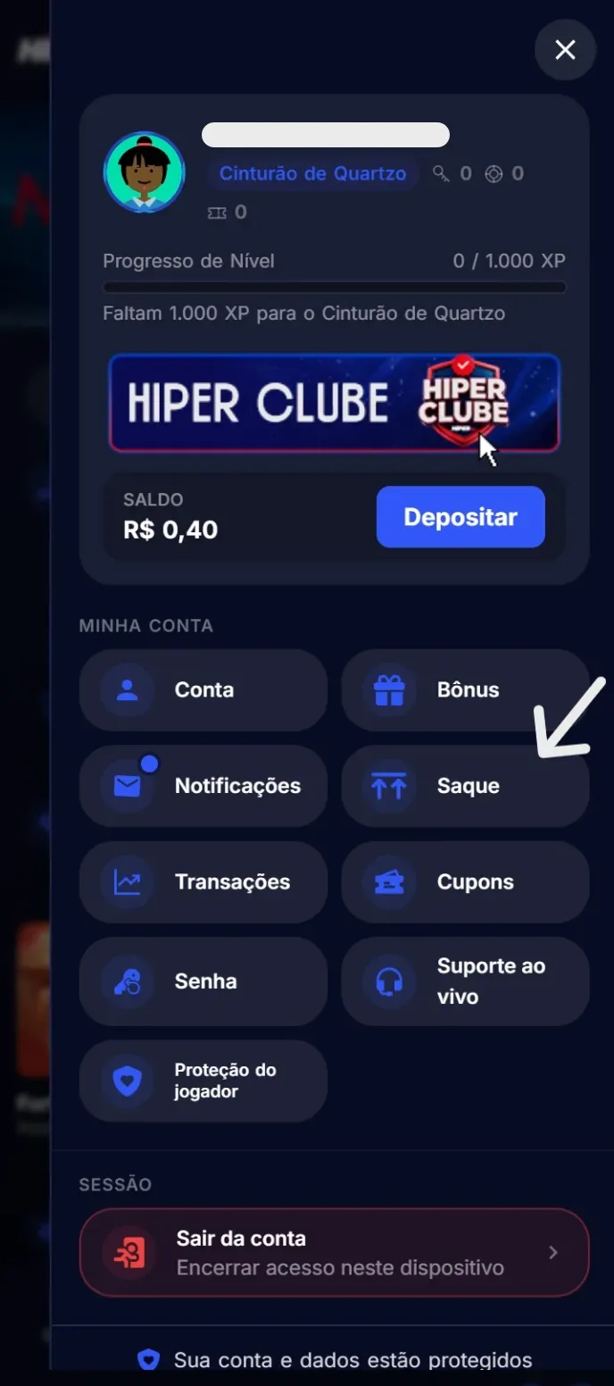 Painel de perfil aberto, com o menu "Minha conta" e uma seta apontando para o item "Saque".