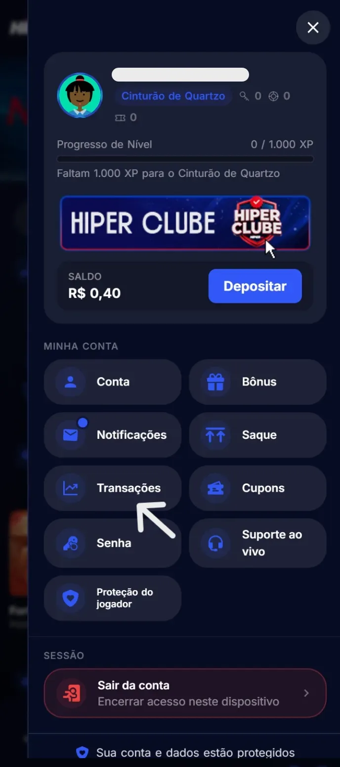 Painel de perfil aberto, com o menu "Minha conta" e uma seta apontando para o item "Transações".