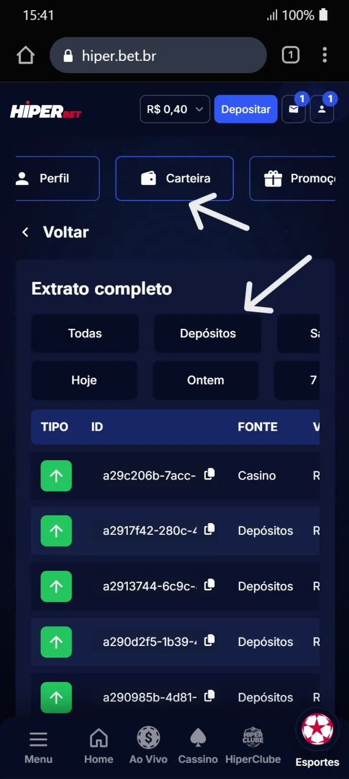 Aba Carteira com filtros de período e tipo de transação, exibindo tabela do histórico de depósitos.