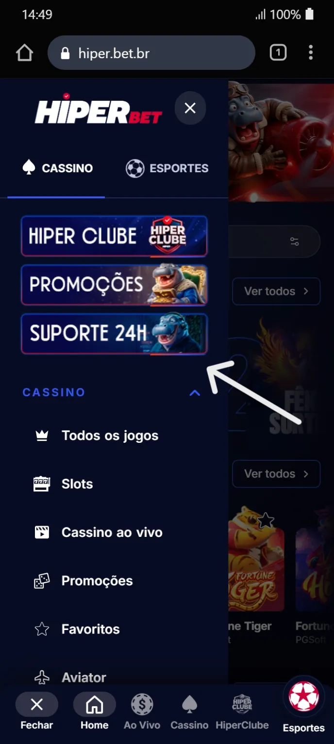Menu inicial da HiperBet com as opções de Cassino, Esportes, Hiper Clube, Promoções e Suporte 24H em destaque.