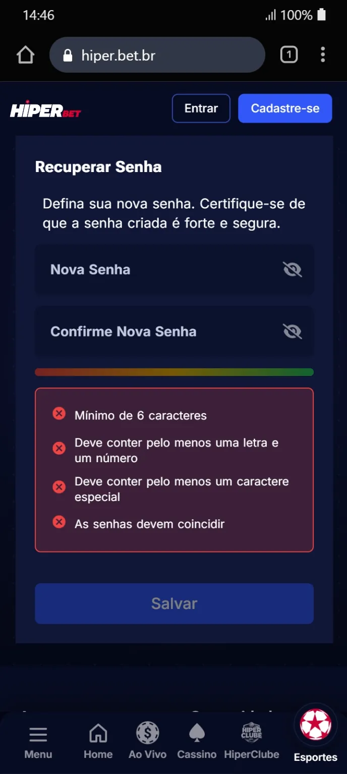 Formulário para redefinir senha com campos "Nova Senha" e "Confirme Nova Senha", barra de força gradiente e lista de requisitos com erros em vermelho.