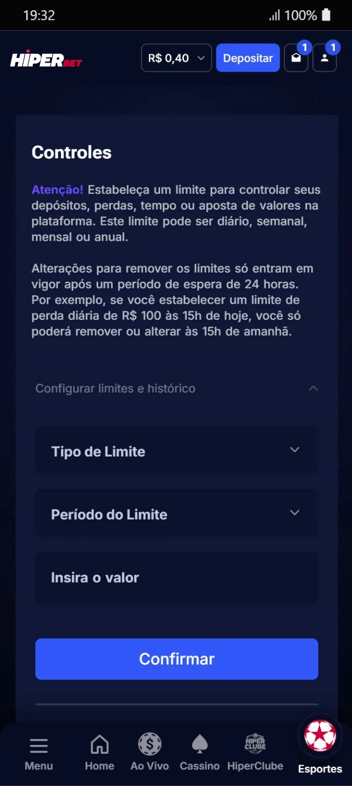 Formulário de configuração com campos "Tipo de Limite", "Período do Limite", "Insira o valor" e botão "Confirmar" azul.