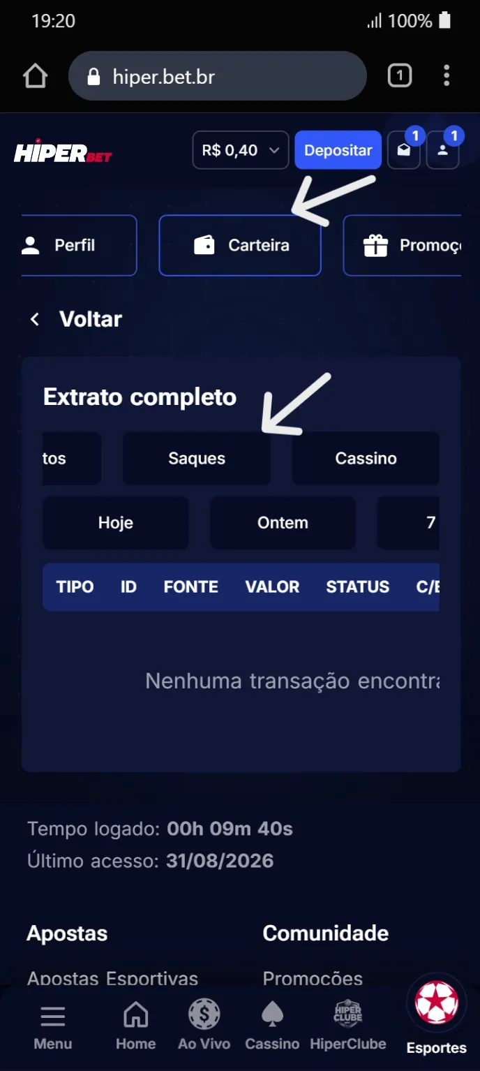 Aba "Saques" na seção "Extrato completo" exibindo histórico de saques.